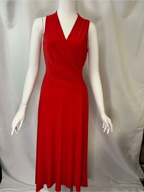 Chaps Ralph Lauren Vibrant Red Faux-Wrap Midi Dress
